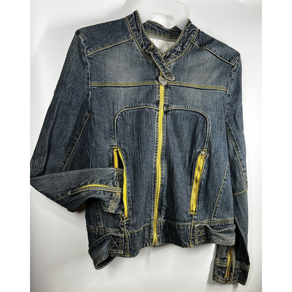 LUELLA for Target Collection Jean Blue Denim Motorcycle Jacket Yellow Trim XL